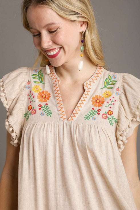 Linen Embroidery Split Neck Pom Pom Ruffle Sleeves Flowy Short Dress