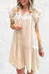 Linen Embroidery Split Neck Pom Pom Ruffle Sleeves Flowy Short Dress