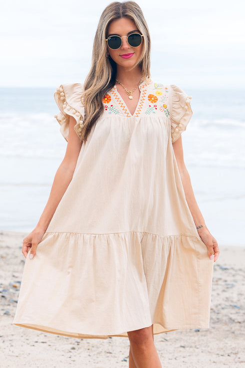 Linen Embroidery Split Neck Pom Pom Ruffle Sleeves Flowy Short Dress