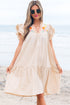 Linen Embroidery Split Neck Pom Pom Ruffle Sleeves Flowy Short Dress