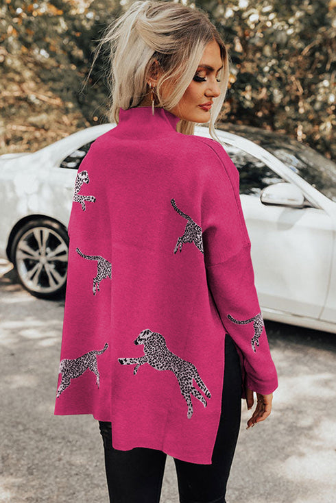Lively Cheetah Print High Neck Split Hem Sweater