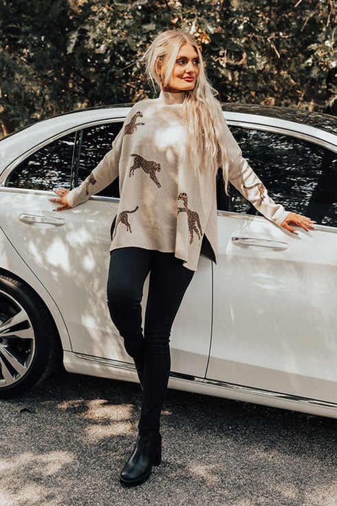 Lively Cheetah Print High Neck Split Hem Sweater
