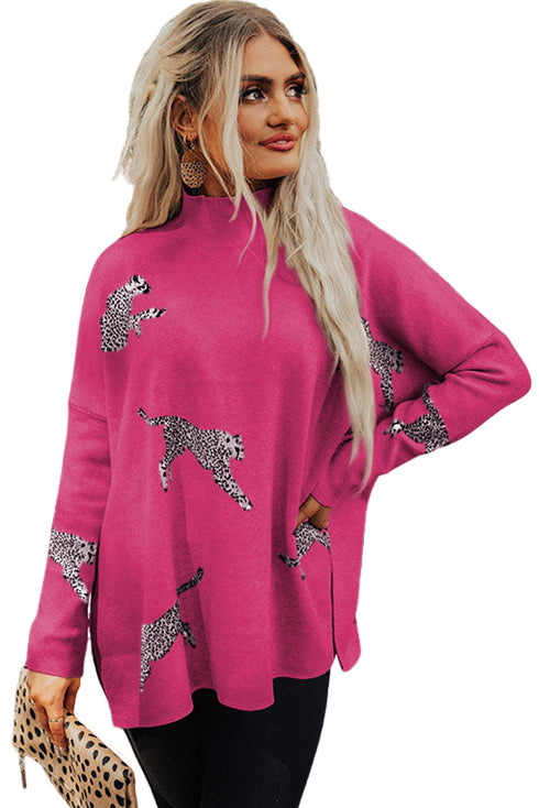 Lively Cheetah Print High Neck Split Hem Sweater