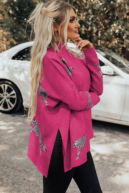 Lively Cheetah Print High Neck Split Hem Sweater