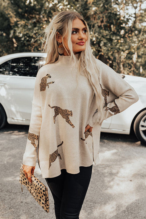 Lively Cheetah Print High Neck Split Hem Sweater