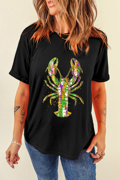 Lobster Heat Transfer Graphic Crew Neck Short Sleeve Shirt