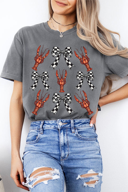 Lobster Pattern Checkered Bow Graphic Cotton Tee