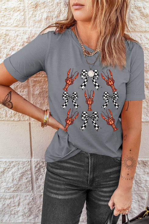 Lobster Pattern Checkered Bow Graphic Cotton Tee