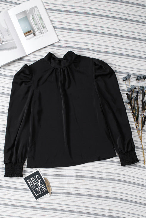 Long Bubble Sleeve Mock Neck Chiffon Blouse