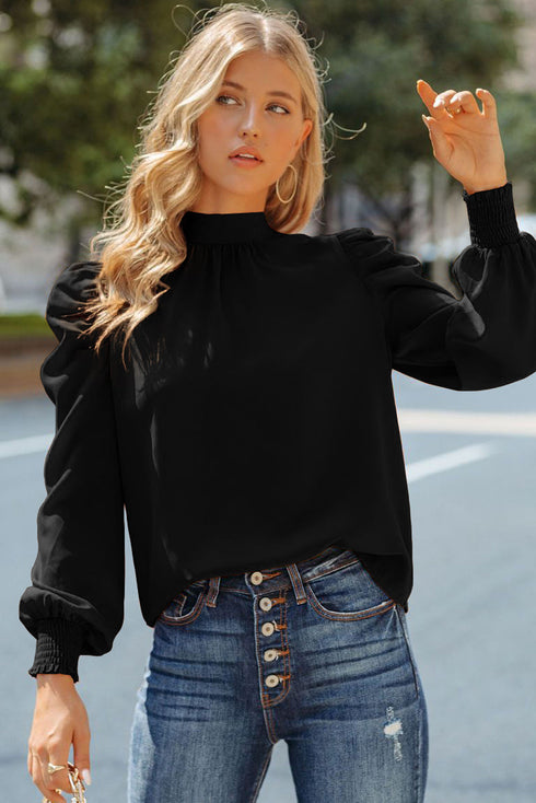 Long Bubble Sleeve Mock Neck Chiffon Blouse