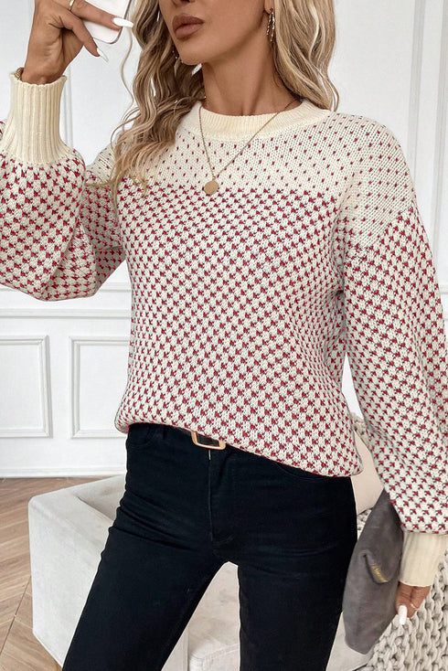 Long Cuff Balloon Sleeve Geometric Knit Sweater