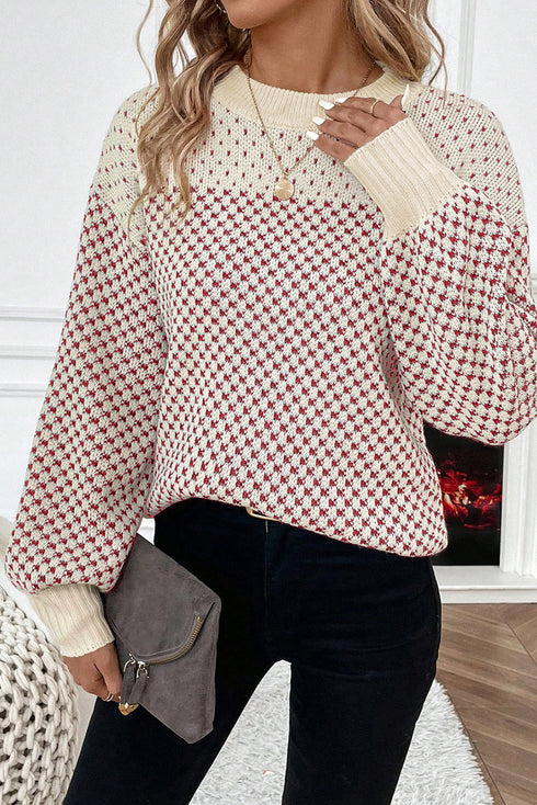 Long Cuff Balloon Sleeve Geometric Knit Sweater