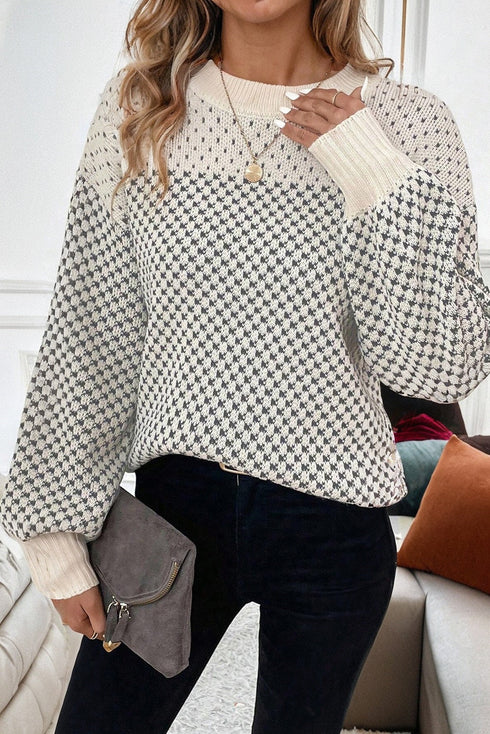 Long Cuff Balloon Sleeve Geometric Knit Sweater