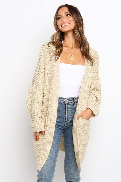 Long Line Open Front Knitted Cardigan With Pockets