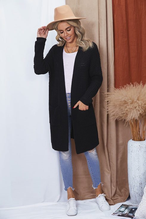 Long Line Open Front Knitted Cardigan With Pockets