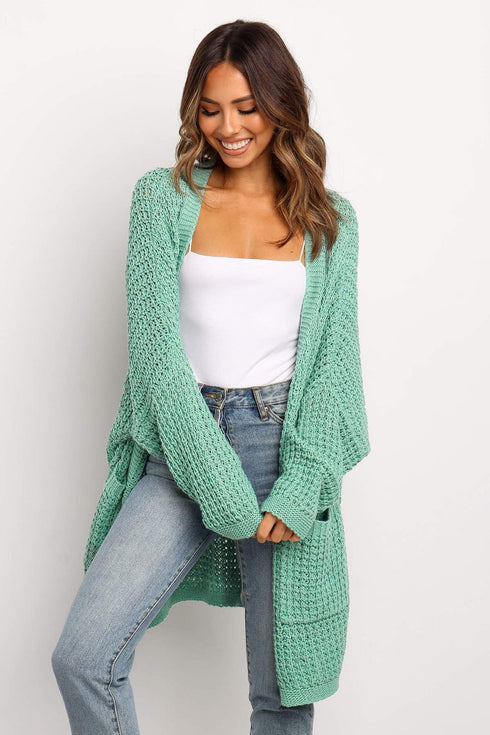 Long Line Open Front Knitted Cardigan With Pockets