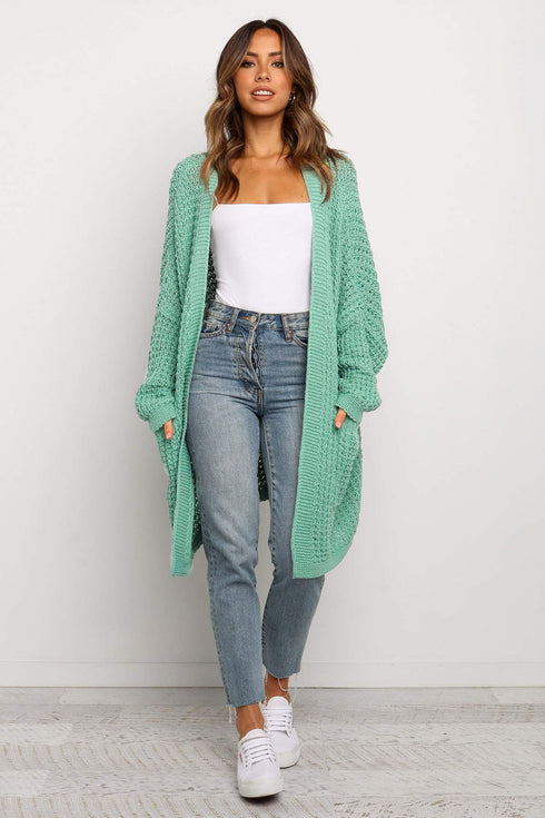 Long Line Open Front Knitted Cardigan With Pockets