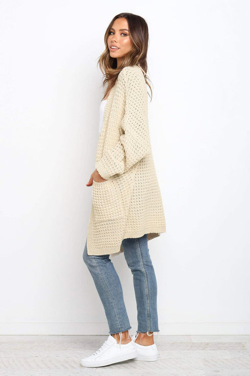 Long Line Open Front Knitted Cardigan With Pockets
