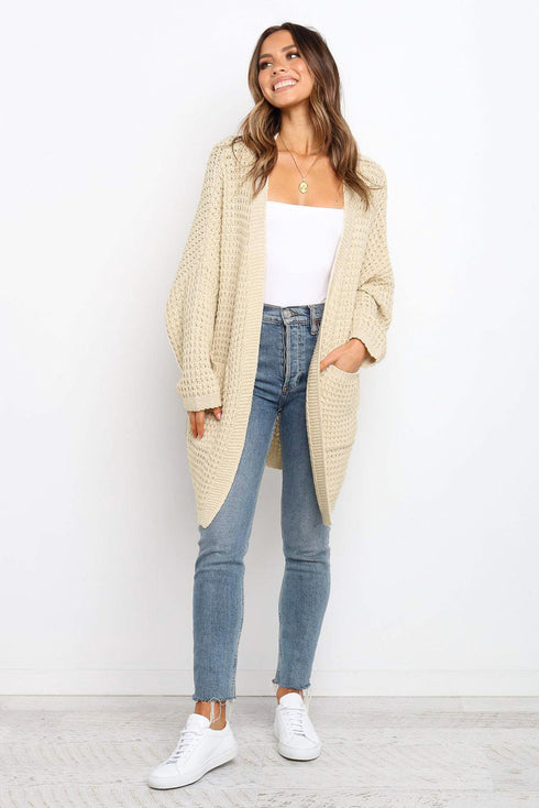 Long Line Open Front Knitted Cardigan With Pockets