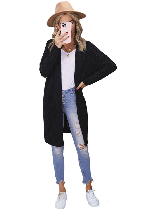 Long Line Open Front Knitted Cardigan With Pockets