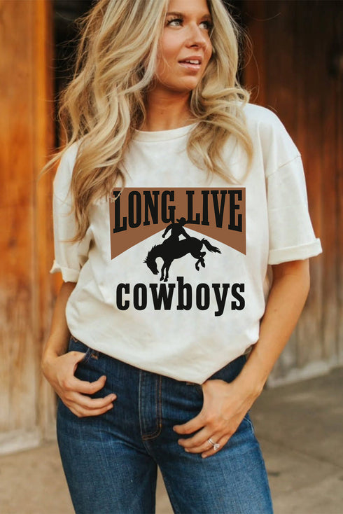 Long Live Cowboys Western Inspired Relaxed Fit Graphic Print Tee Shirt