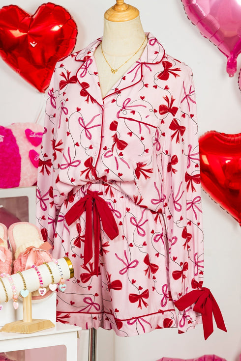 Long Sleeve Bow Print Viscose Shorts Pajama Set