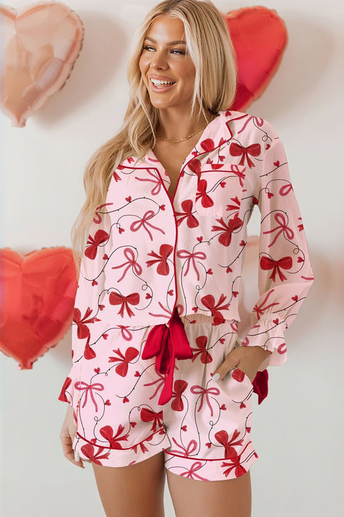 Long Sleeve Bow Print Viscose Shorts Pajama Set