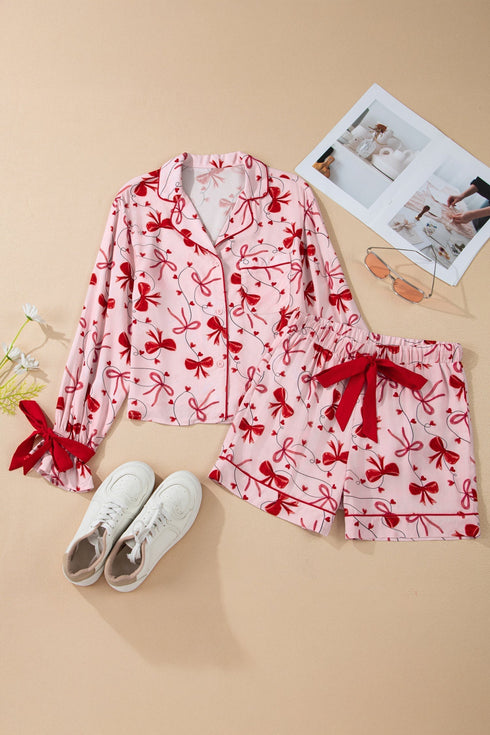 Long Sleeve Bow Print Viscose Shorts Pajama Set