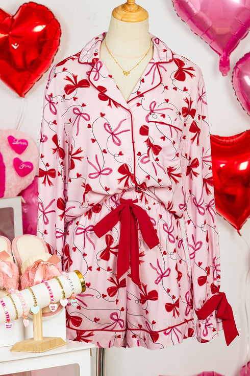 Long Sleeve Bow Print Viscose Shorts Pajama Set