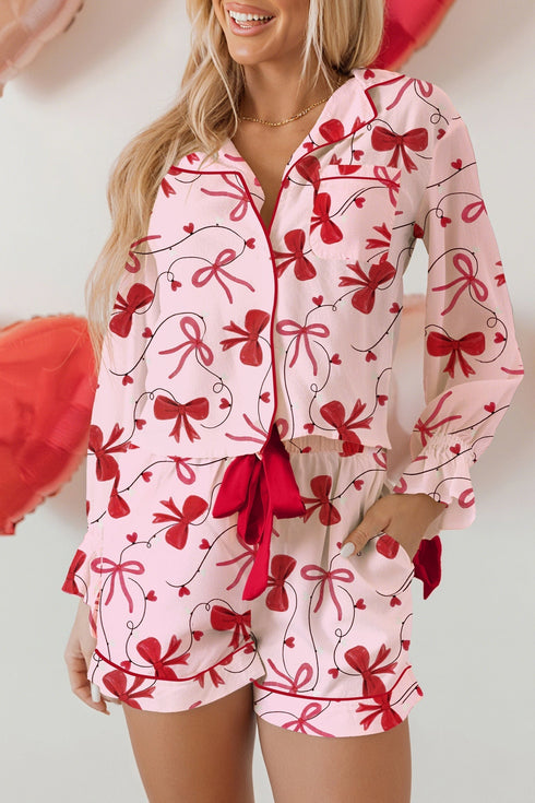 Long Sleeve Bow Print Viscose Shorts Pajama Set