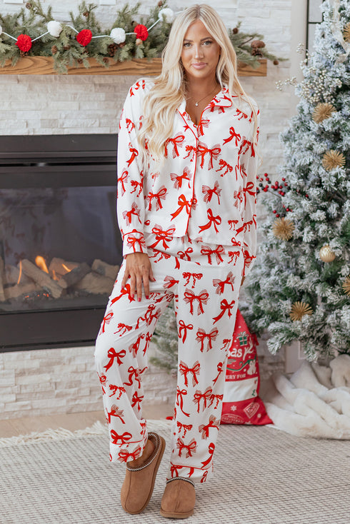 Long Sleeve Bow Print Wide Leg Pajama Set