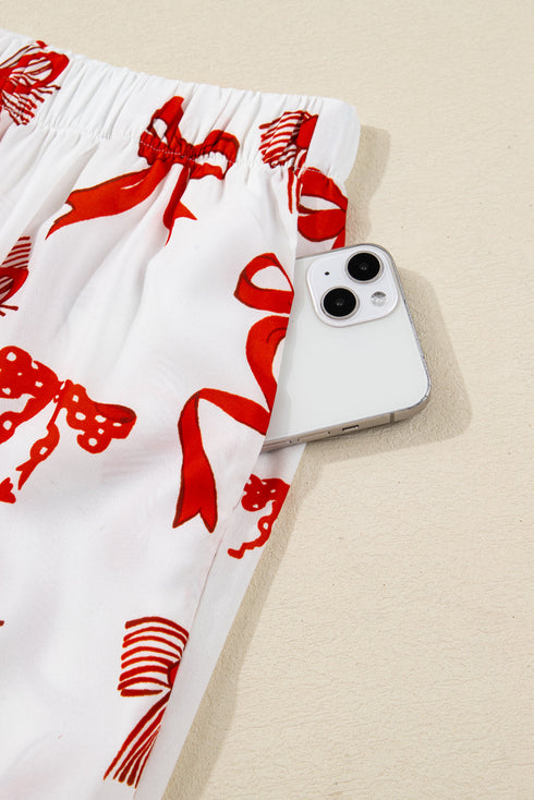 Long Sleeve Bow Print Wide Leg Pajama Set