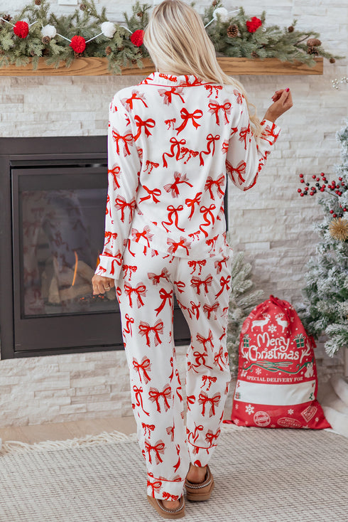 Long Sleeve Bow Print Wide Leg Pajama Set