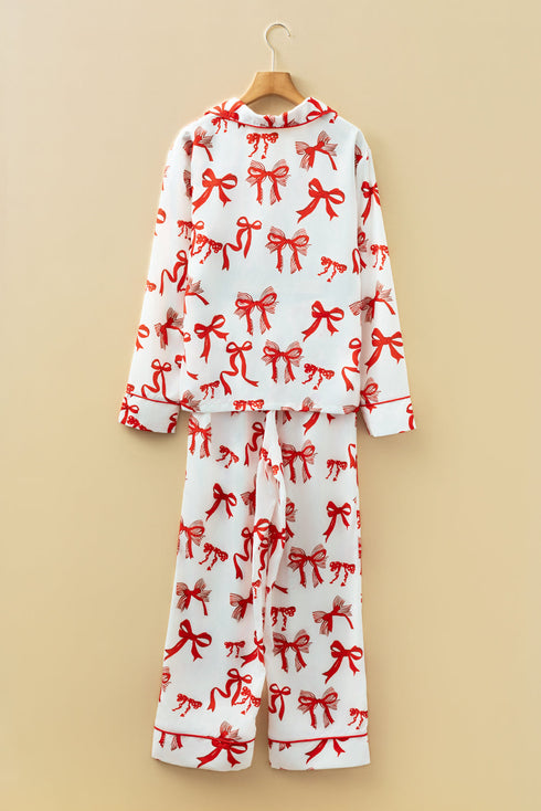 Long Sleeve Bow Print Wide Leg Pajama Set