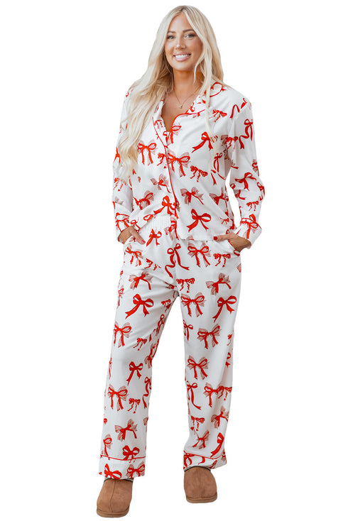 Long Sleeve Bow Print Wide Leg Pajama Set