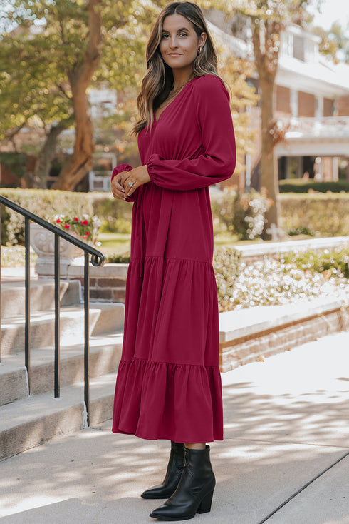Long Sleeve Button Front Drawstring Waist Maxi Dress