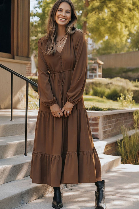 Long Sleeve Button Front Drawstring Waist Maxi Dress