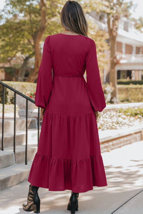 Long Sleeve Button Front Drawstring Waist Maxi Dress
