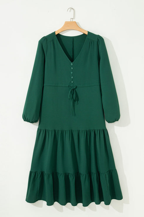 Long Sleeve Button Front Drawstring Waist Maxi Dress
