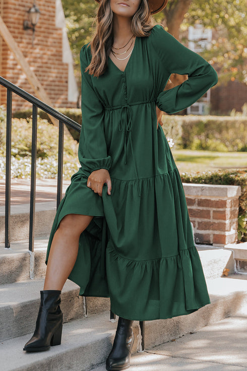 Long Sleeve Button Front Drawstring Waist Maxi Dress