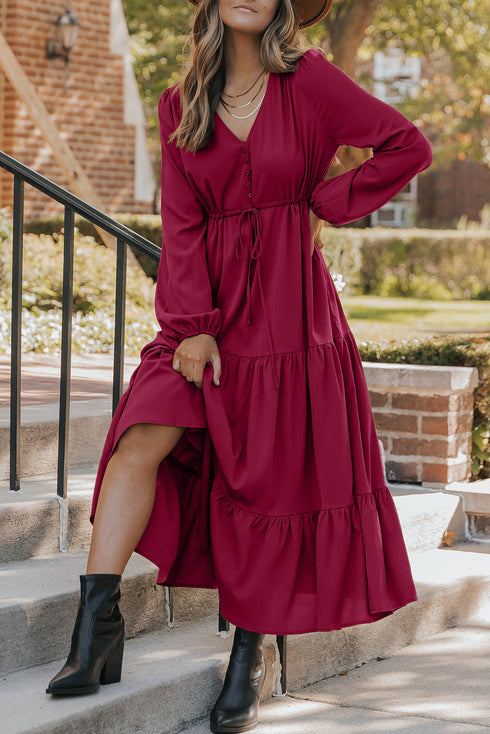 Long Sleeve Button Front Drawstring Waist Maxi Dress