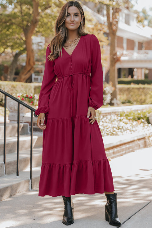 Long Sleeve Button Front Drawstring Waist Maxi Dress