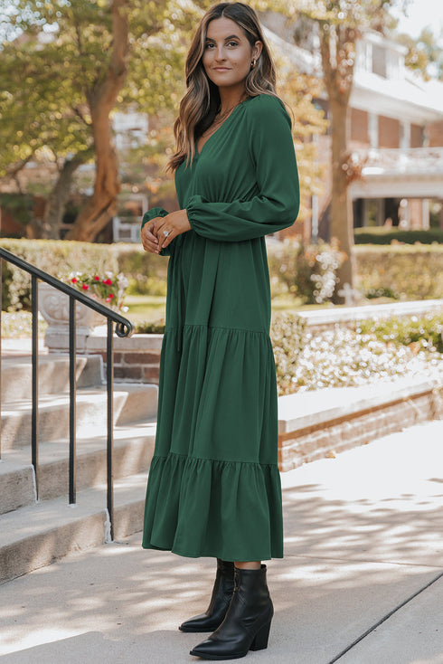 Long Sleeve Button Front Drawstring Waist Maxi Dress