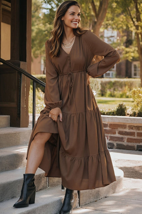 Long Sleeve Button Front Drawstring Waist Maxi Dress