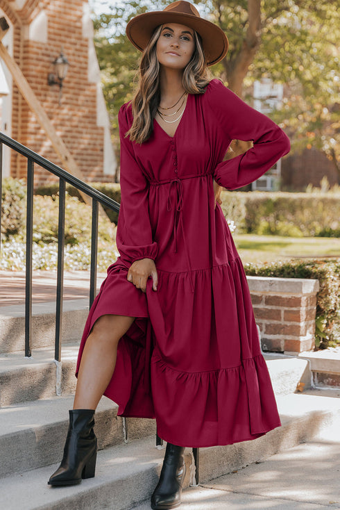 Long Sleeve Button Front Drawstring Waist Maxi Dress
