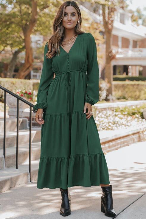 Long Sleeve Button Front Drawstring Waist Maxi Dress