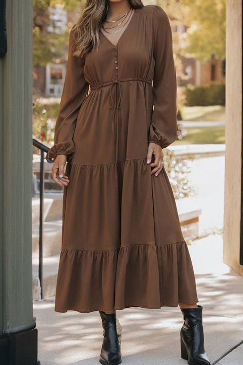 Long Sleeve Button Front Drawstring Waist Maxi Dress