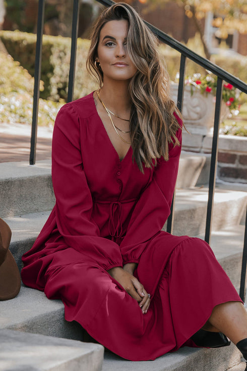 Long Sleeve Button Front Drawstring Waist Maxi Dress