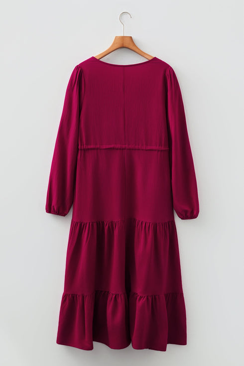 Long Sleeve Button Front Drawstring Waist Maxi Dress