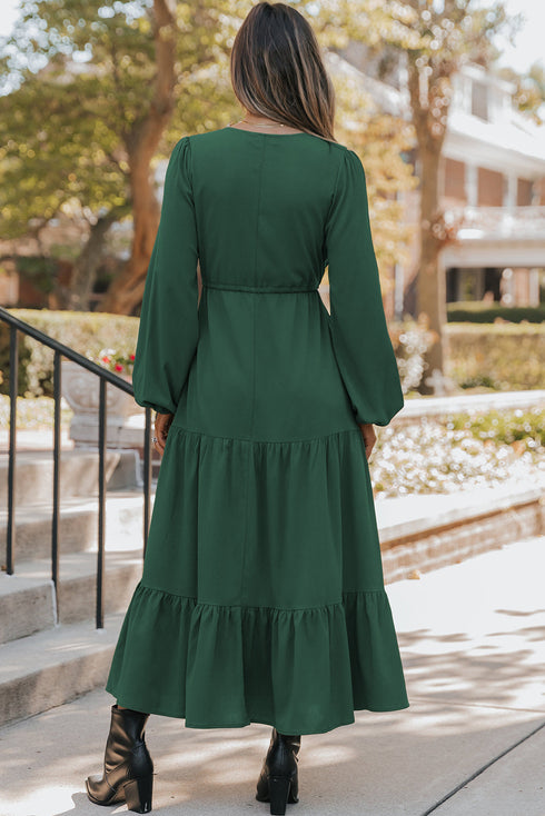 Long Sleeve Button Front Drawstring Waist Maxi Dress